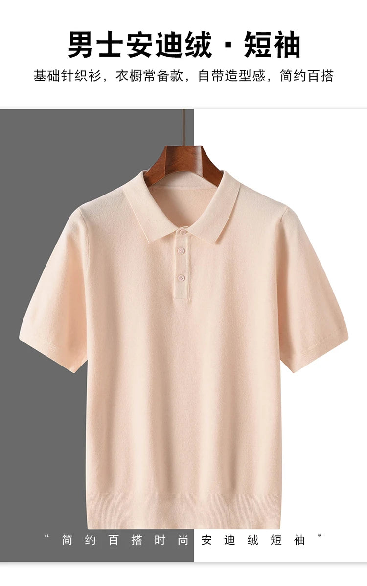 New summer 100% pure wool men's short sleeve polo neck T-shirt fashion youth casual Joker shirt thin T-shirt sweater