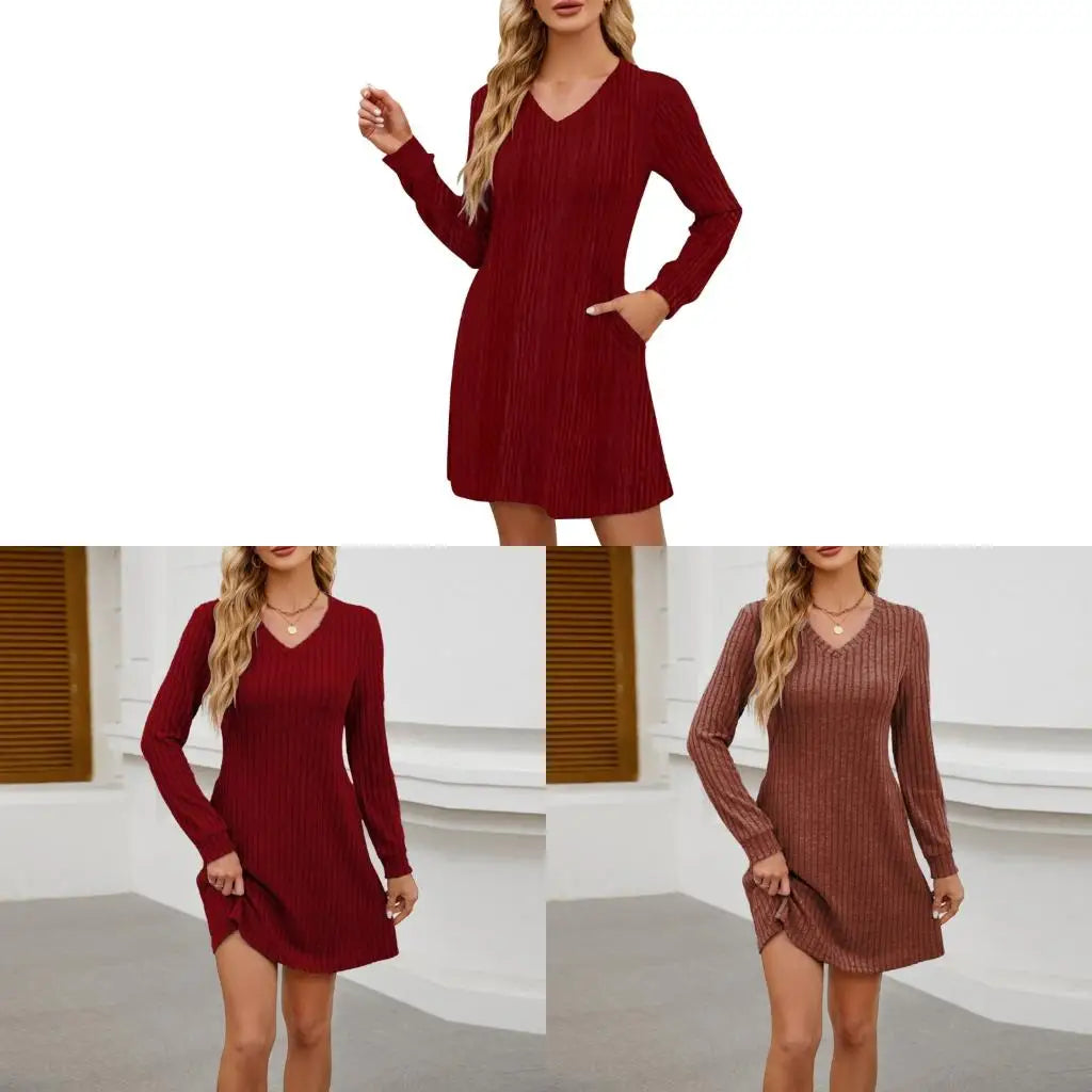 Women's Autumn Ribbed Knit Sweater Casual Long Sleeve V-Neck Belted Dress Pocket Short Skirt