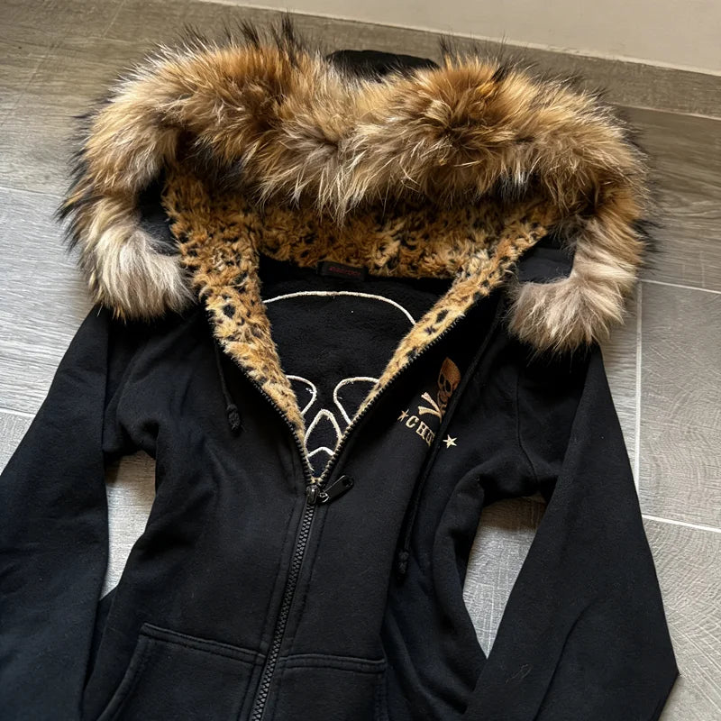 2026 American Fashion Trend Fur Collar Zipper Hoodie Men Street Hip Hop Retro Loose Sweatshirt Unisex Fleece Padded Warm Hoodie