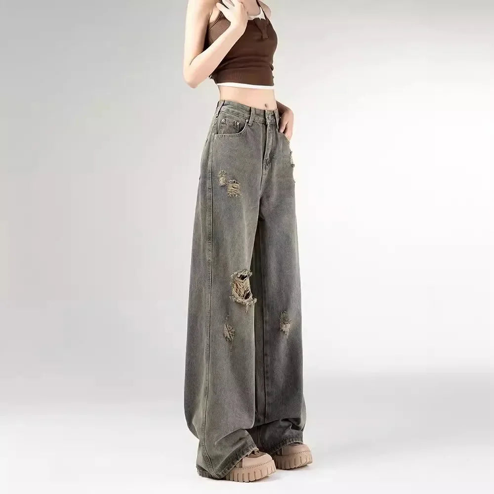 Women's Vintage Distressed Jeans High Waist Wide Leg Straight Denim Pants Loose Fit Summer Trousers 2025