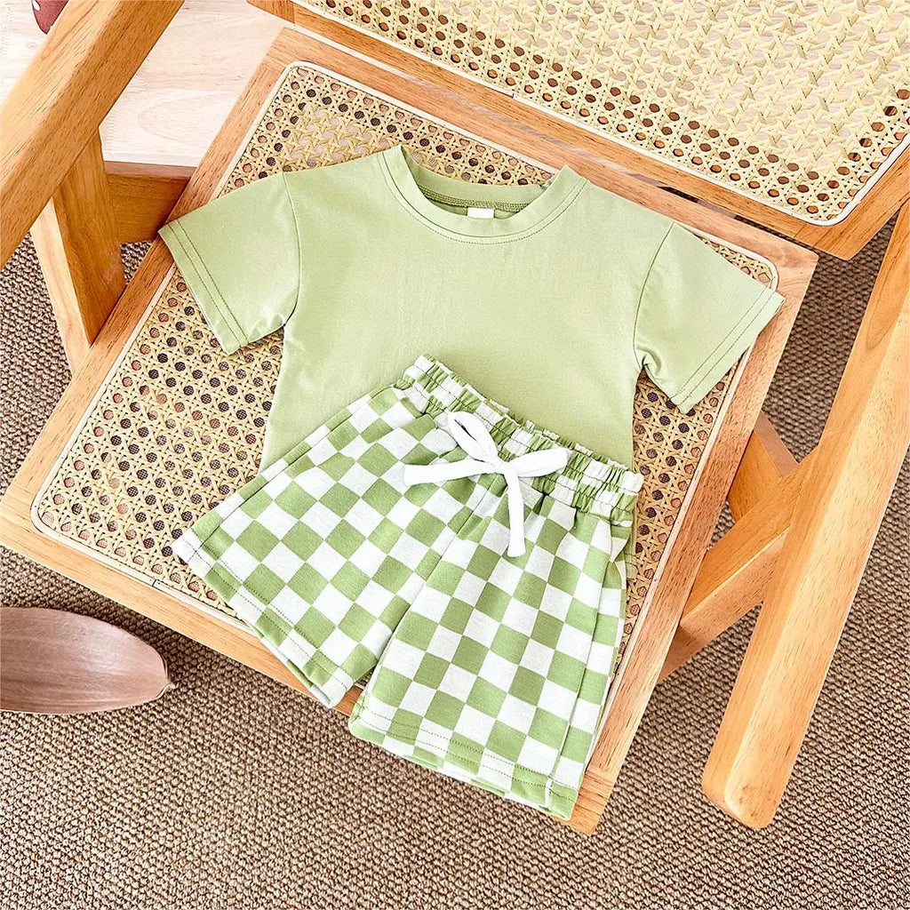2PCS Kids Clothes Baby Boys Girls Solid Color Short Sleeve T-shirt Plaid Pattern Shorts Sets Baby Clothing Sets 0-3Y