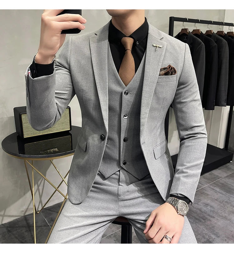 Blazer Vest Pants Men's Navy Blue Suit Set Slim Fit Blazer Vest Pants Formal Outfit for Business Wedding Office Groom Party