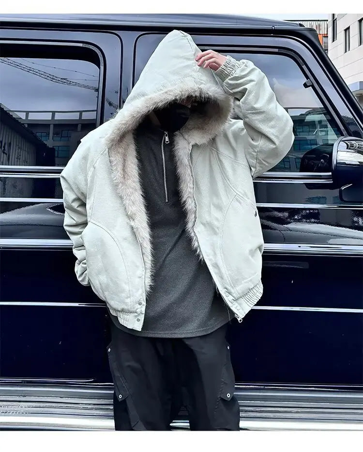 American Retro Lamb Fleece Cotton Jacket Winter Thickened Keep Warm Fur Collar Jacket Zipper Hoodie Loose Coat men clothing