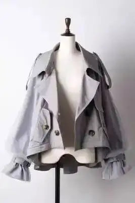 EAM Japanese Style Turn-Down Collar Double Breasted High-Low Hem Cropped Trench Coat Women's Jacket 2026 Autumn New