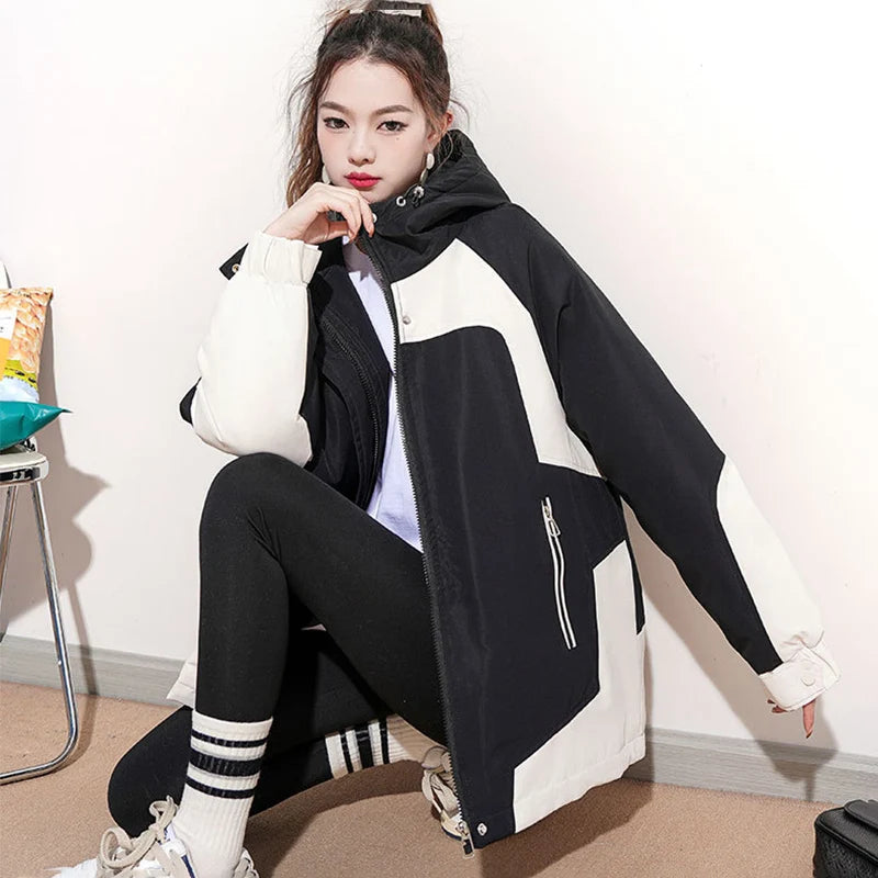 Black and White Patchwork Hiking Jacket Women Autumn Winter Winderproof Warm Hooded Zip Up Coat Korean Streetwear Couple Jackets
