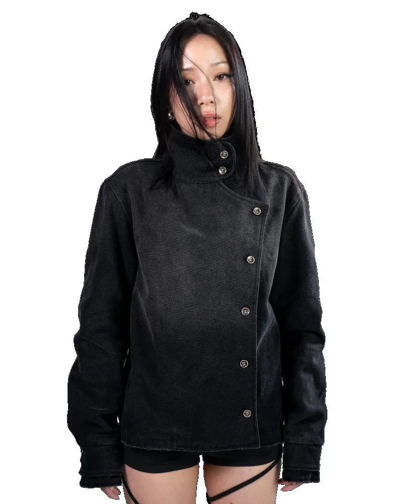 Y2K Vintage Black Denim Two Piece Set Asymmetric Button High Neck Jacket Baggy Wide Leg Pants Streetwear Gothic Harajuku Outfits