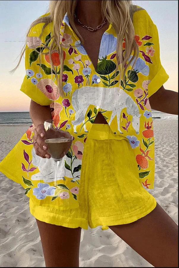 Fashion Lapel Short-sleeved Single-breasted Shirt Top + Shorts 2-piece Set Women Elegant Summer Print Loose Casual Suit Female
