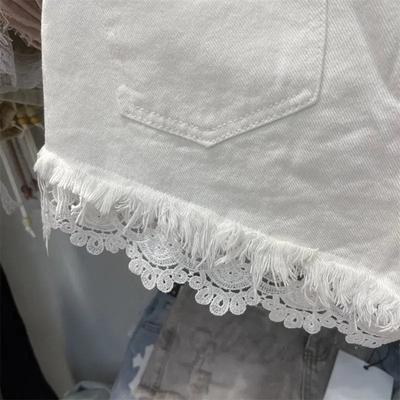 Light Blue Denim Shorts For Women High Waisted Raw Hem Lace Patchwork Petite Shorts Summer Casual Slim Fit Hot Pants