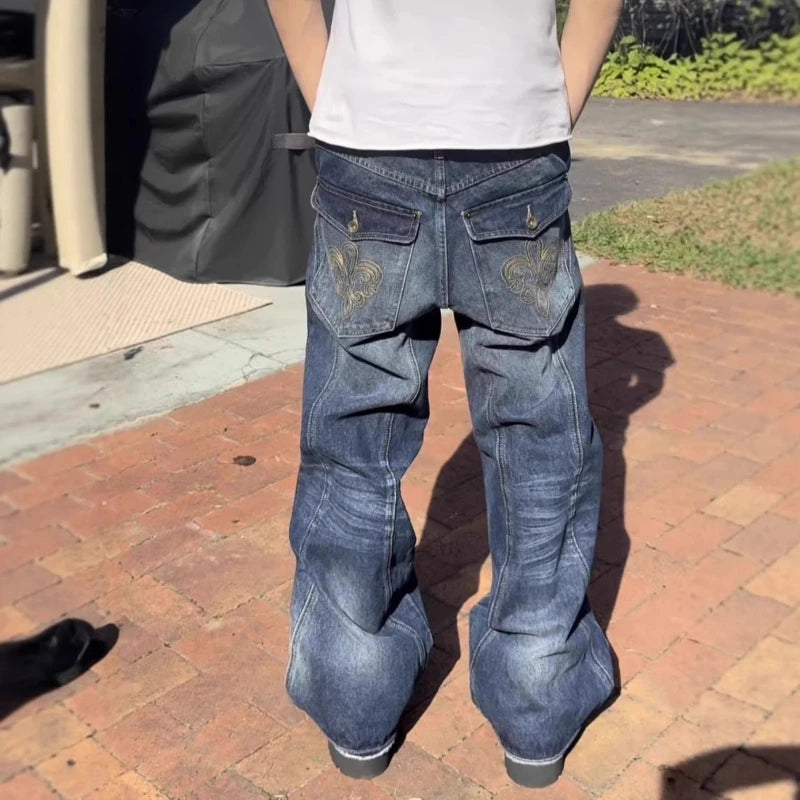Mens Jeans Harajuku Vintage Streetwear Embroidery Hip Hop Denim Pants Washed Distressed Straight Leg Loose Fit Casual Unisex New
