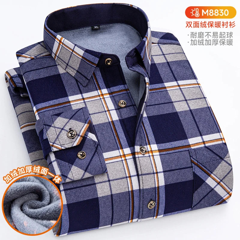 Winter Warm Shirts For Men Regular Fit Thicker Velvet Top Blouse Asia Plus Size Big Plaid Casual Clothing Long Sleeves Shirts