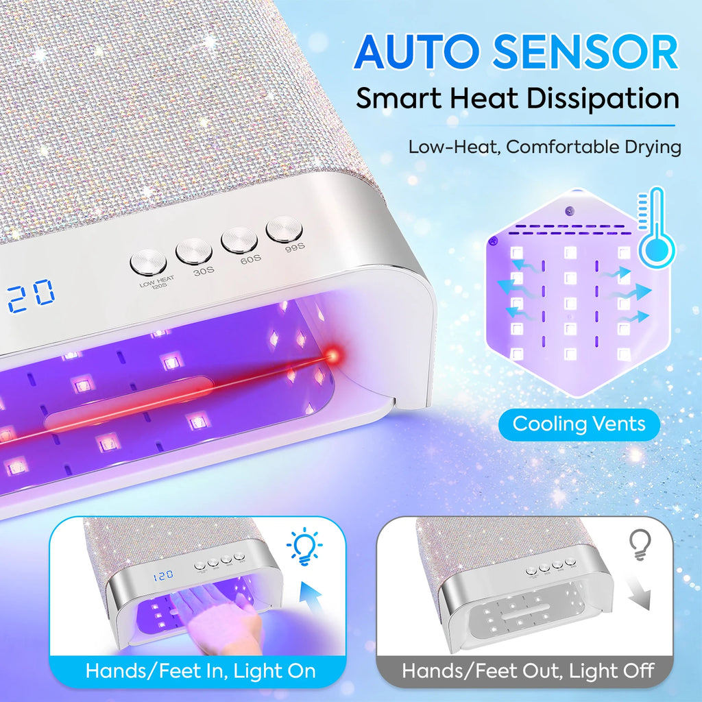 Luxury Rhinestone UV LED Nail Lamp, 36 Dual Wavelength 365+405nm LED Beads Gel Nail Dryer with 4 Timer 30s/60s/99s/120s Low Heat
