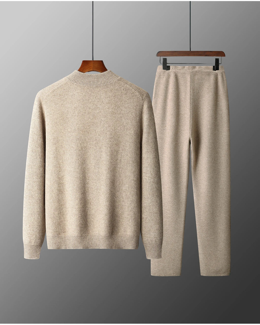 Men's 100% Merino Wool Two-piece Suit Autumn Winter Knitting Zipper Cardigan and Straight-leg Pants Warm Thickened Clothing Sets
