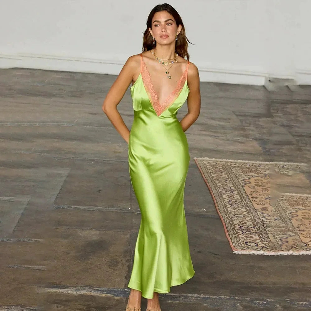 Butter Yellow Satin Bias Cut Lace Patchwork Midi Dress Women's V Neck Backless Suspenders Dresses 2026 New Dinner Party Vestidos