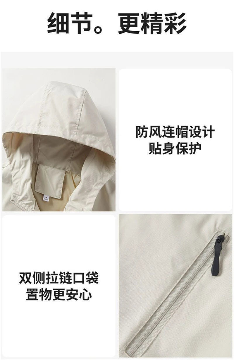 2026 Autumn Women's Coat Hooded Jacket Long Sleeve Zipper Pockets Casual Windbreaker Basic Jackets Outerwear Splicing Hooded E25