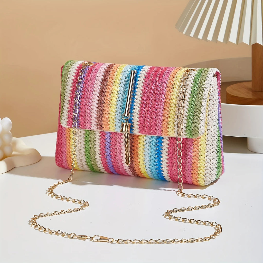 Chic Rainbow Stripe Straw Crossbody Bag for Women Adjustable Shoulder Strap Magnetic Closure Tassel Accent, Fashion Square Purse