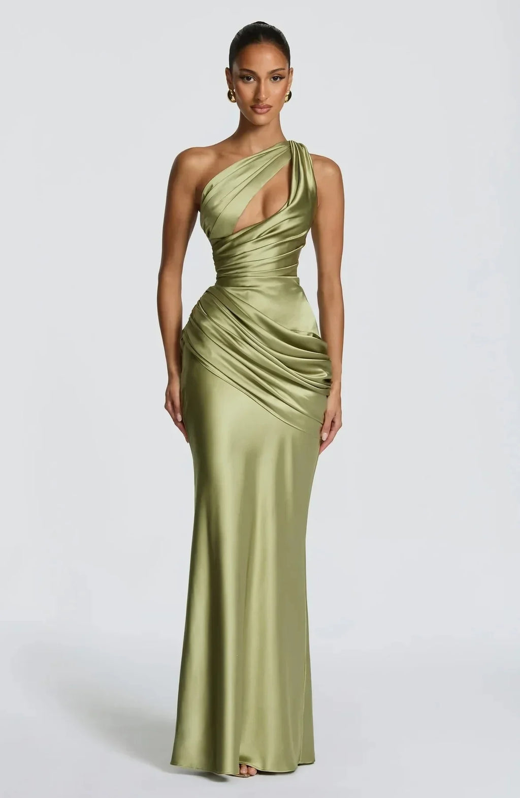 Elegant One Shoulder Satin Long Dress Women Chic Solid Sleeveless Backless Waist Cinching Pleated Dresses  Lady Party Robes New