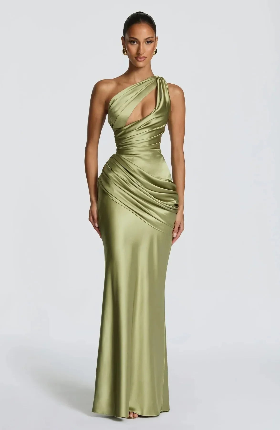 Elegant One Shoulder Satin Long Dress Women Chic Solid Sleeveless Backless Waist Cinching Pleated Dresses  Lady Party Robes New