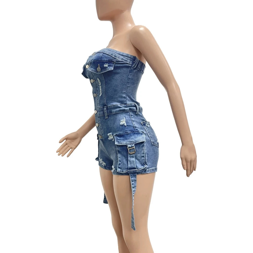 HLJ&GG Blue Denim Fashion Hollow Out Shorts Two Piece Sets Women Sleeveless Backless Bandage  Crop Top And Shorts Cowboy Outfits