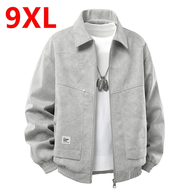 Plus Size 9XL Men Suede Jacket Zipper Oversize Coat Male Motorcycle Big Large 8XL Grey Loose Trend Korean Casual Fashion