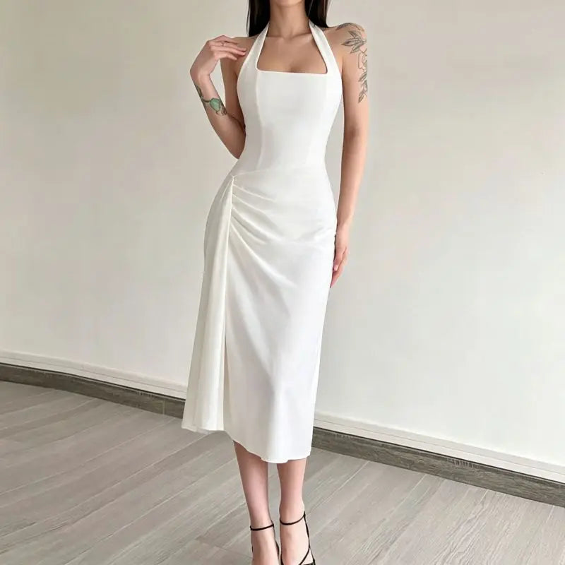 Women Satin Halter Midi Dress Square Neck Ruched Split Slim Long Dress Elegant Wedding Guest Evening Party Sleeveless White Dres