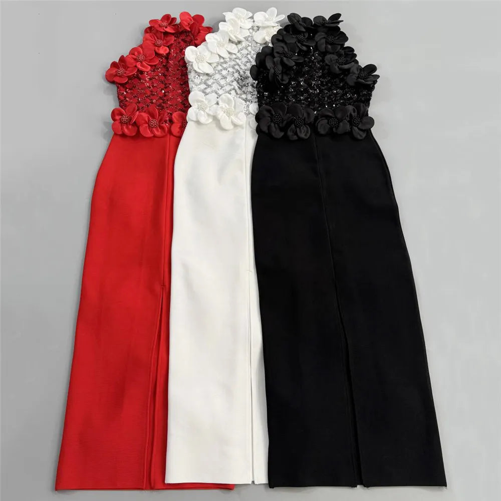 Women Fashion Flower Beading Sequins Patchwork Bandage Dress Celebrity Party Sleeveless Elegant Dresses