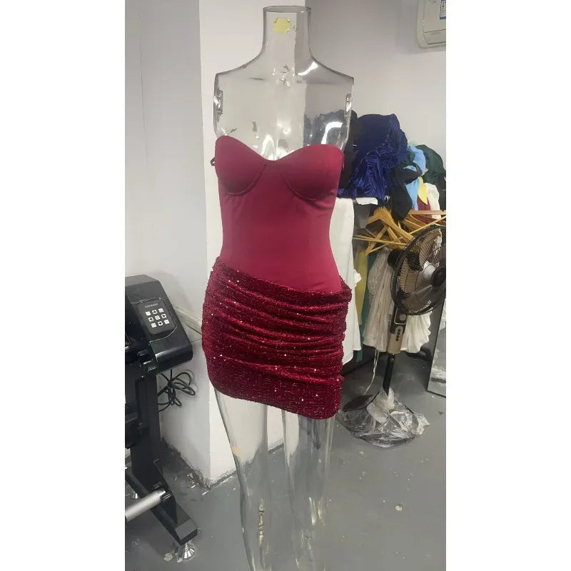 Temperament Beveled Edge with Scarf Splicing Tube Top Spice Girl Dress