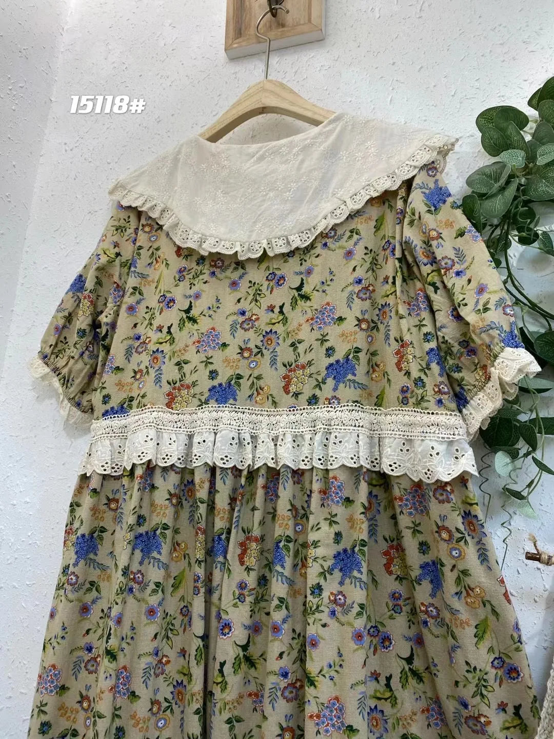 Vintage Embroidery Art Print Kawaii Dress Women Japanese Mori Girl Peter Pan Collar Patchwork Cotton Linen Dress Loose Vestidos