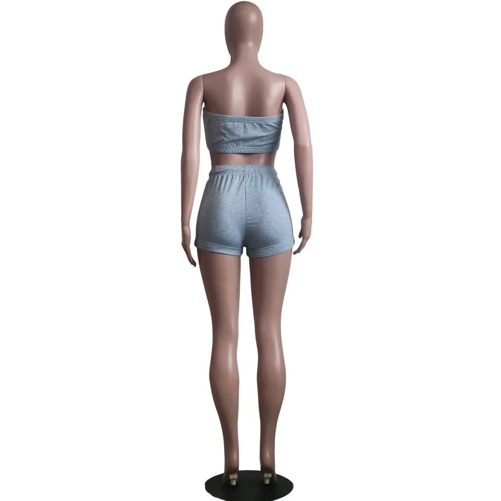 Thin Summer New Solid Color Lace Up Tracksuits Women Sleeveless Backless Tube And Shorts Two Piece Sets Casual 2pcs Outfits