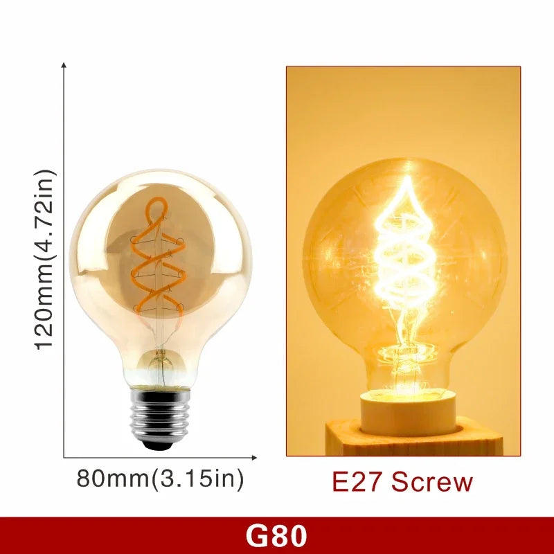 E14 E27 Retro LED Spiral Filament Light Bulb 4W Warm Yellow 220V C35 A60 T45 ST64 T185 T225 G80 G95 G125 Vintage Edison Lamp
