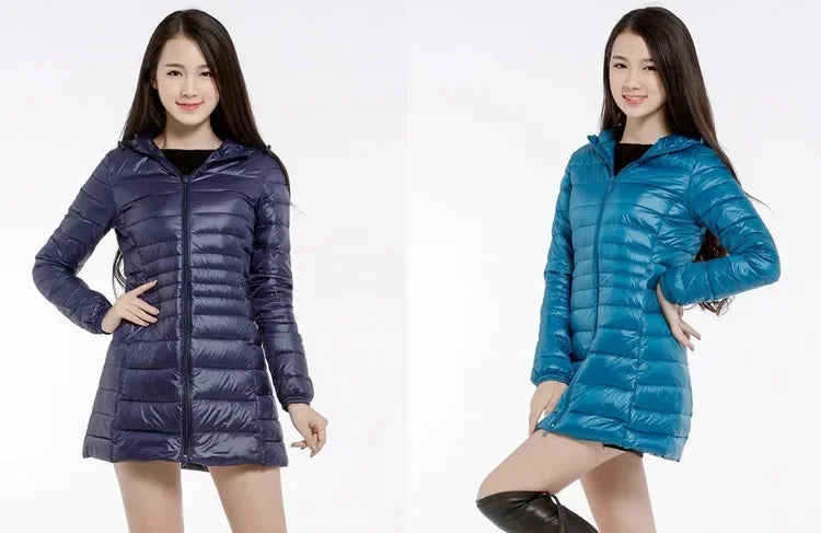 Plus Size White Duck Down Jacket Light-weight Down Jacket Women Inner Cloth Coat Ladies Long Winter Hat Hooded Femal