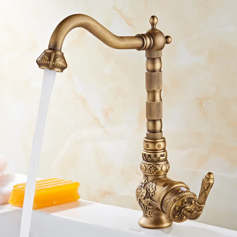 Tuqiu Basin Faucet Antique Sink Faucet Carved Bathroom Faucet Rotate Hot & Cold Brass Kitchen Faucet FWater Mixer Tap Crane