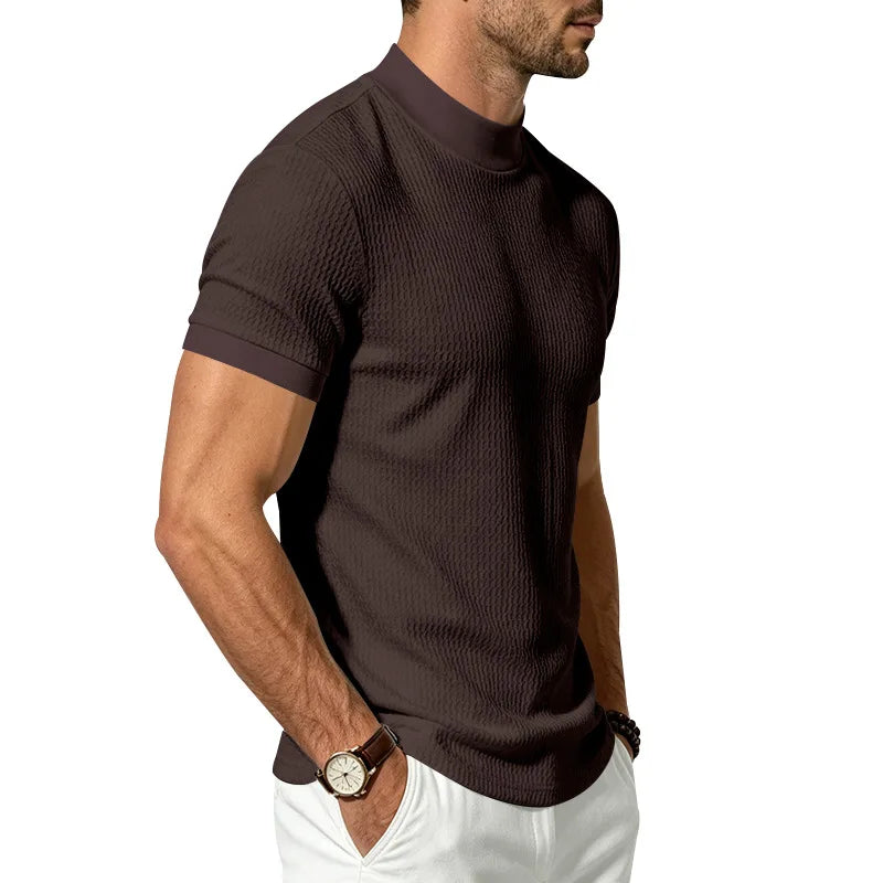 Men Summer Solid Jacquard Textured Mock Neck Short Sleeve T Shirt Slim Fit Simple Versatile Casual Daily Male Basic Tees