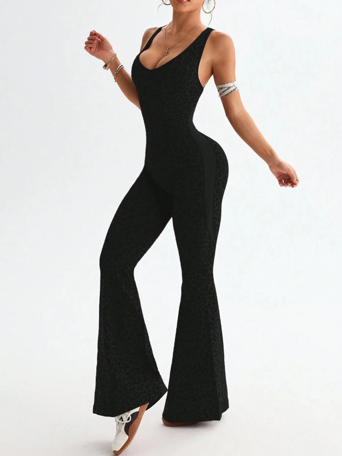 New Leopard Print Bodysuit Women Seamless Flared Pants Jumpsuits Sexy One-piece Fitness Suit Cross Back Stretchy Yoga Jumpsuits