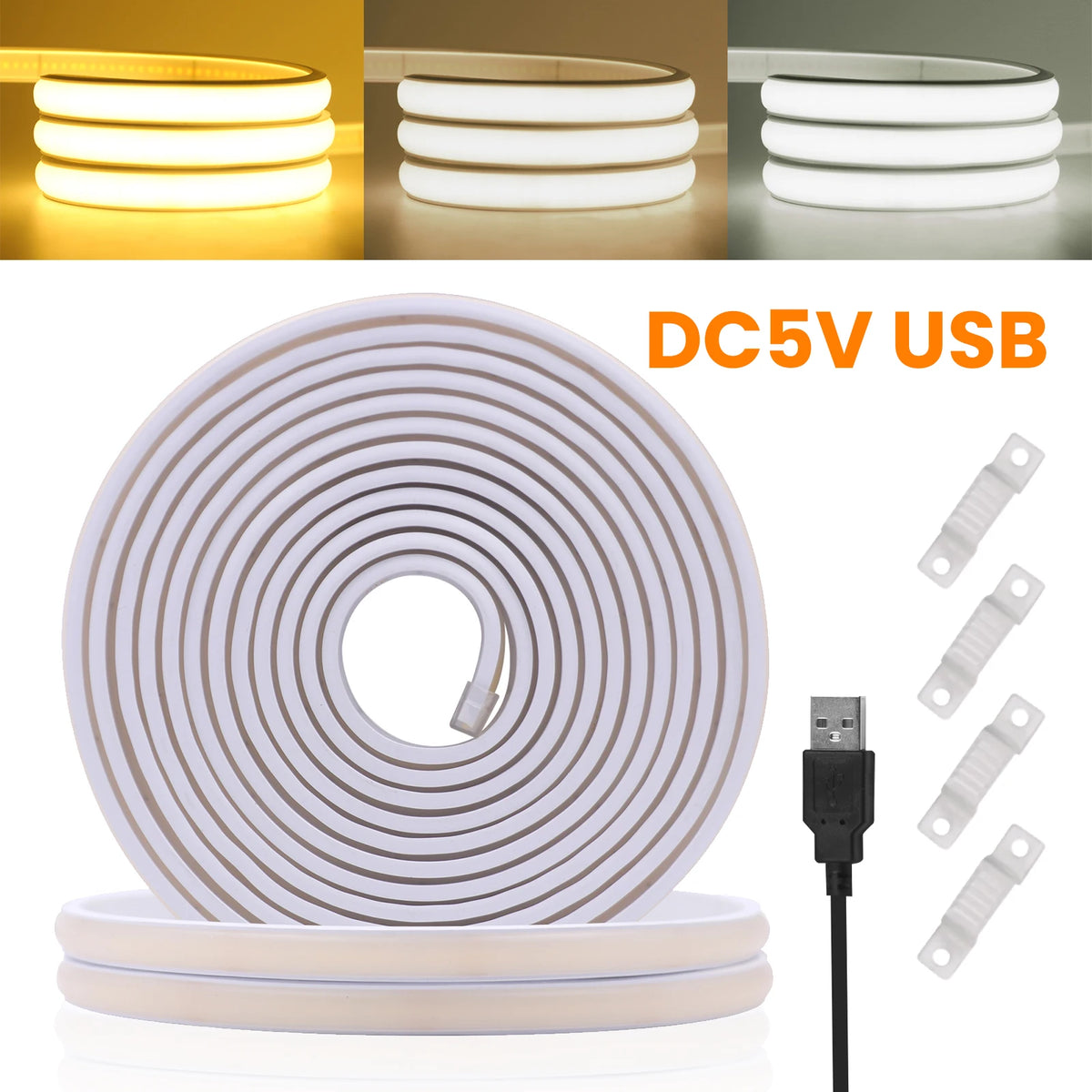 COB Neon LED Strip 5V 320LEDs/m Waterproof Dimmable LED Neon Rope Light Flexible Tape for Kitchen Cabinet Bedroom TV Backlight