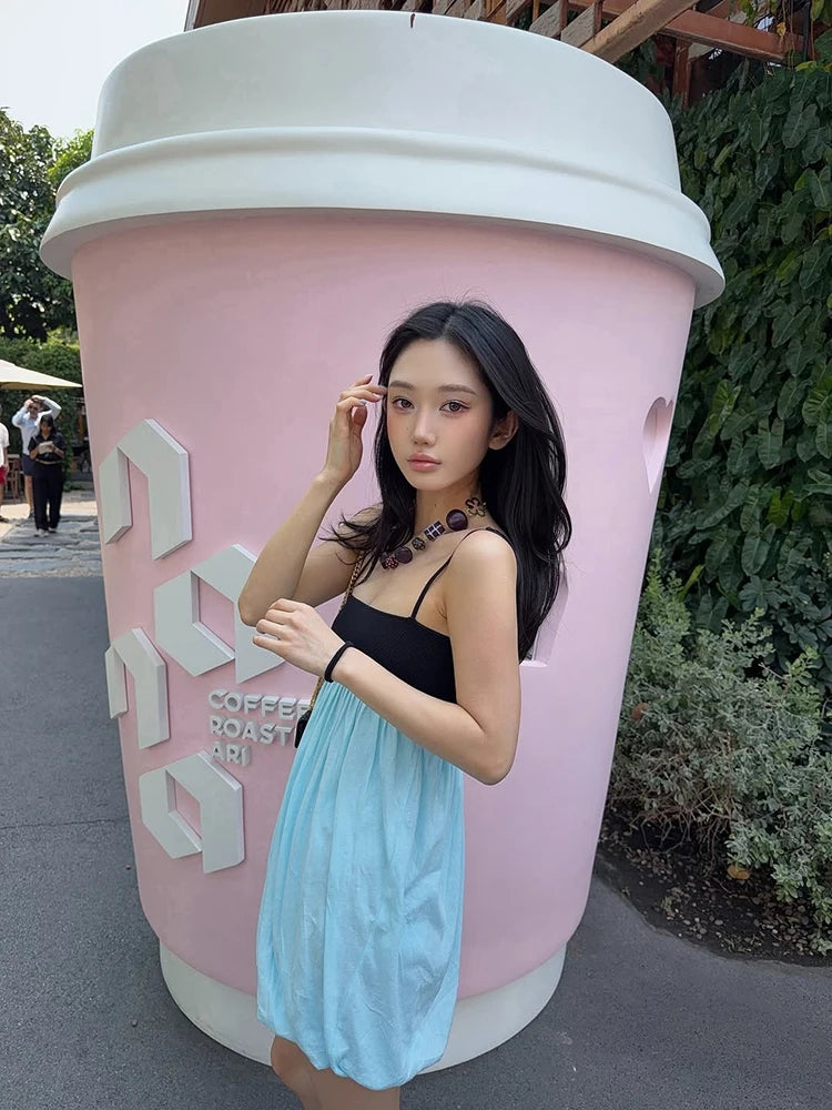 Trendy Color Block Mini Dress Thin Spaghetti Square Neck Back Button Bubble Hem Loose Skirt Casual Summer Daily Date Party Wear