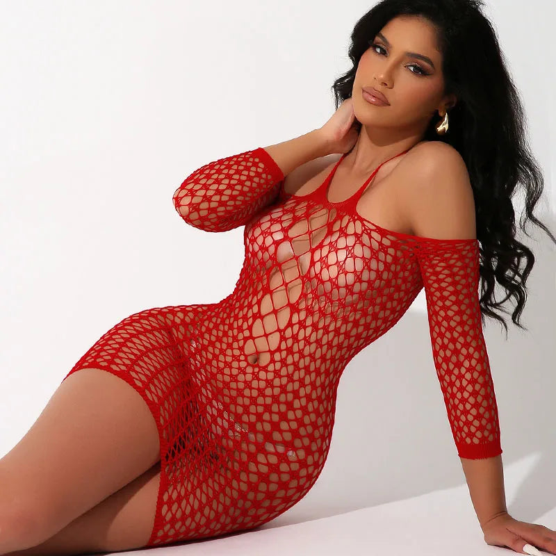 Hot Sexy Roleplay Fishnet Dress Woman Sexy Lingerie Transparent Bodysuit Secret Lace Underwear Maid Bodystockings Lace Handcuffs