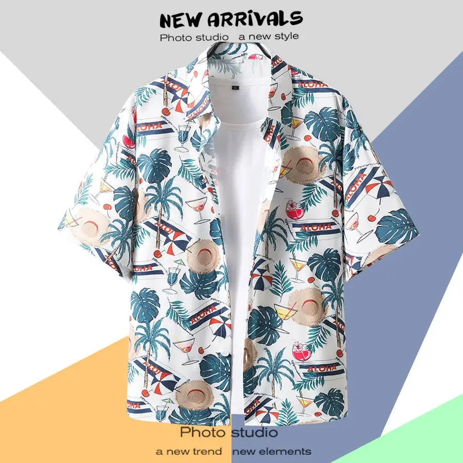 New Summer Casual Short Sleeved Shirt Korean Version Fashionable Men's and Women's Loose Collar Hawaiian Seaside Flower Shirt