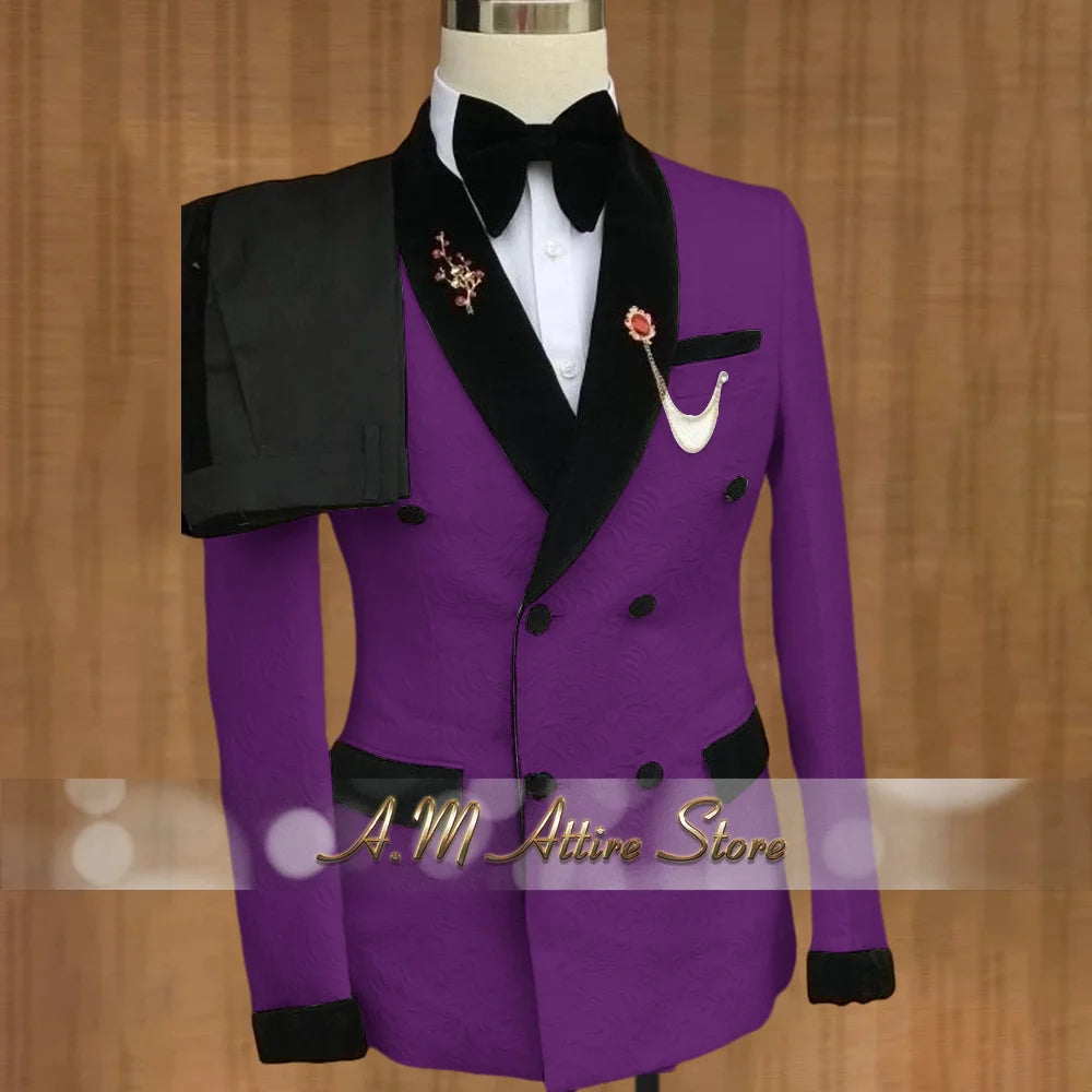 Luxury Wedding Attire for Men Tailored White Jacquard Suit with Black Velvet Shawl Lapel Accents for Grooms & Bridal Party 2PCS