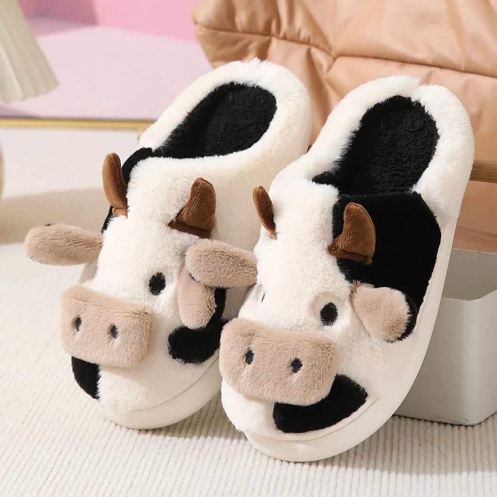 Winter Women Warm Cow Slippers Girls Cute Soft Indoor Bedroom Sandals Men Non-slip Plush Slides Couples Funny Flat Flip Flops