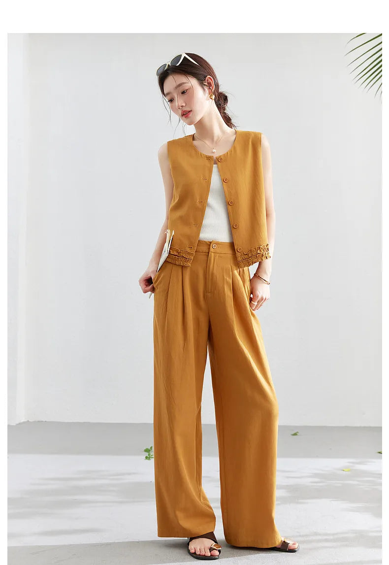 VIMLY Office Two-Piece Set Women 2026 Summer New Fashion Ruffle Hem Cropped Sleeveless Vest Wide Leg Pants Casual Outfit A6153