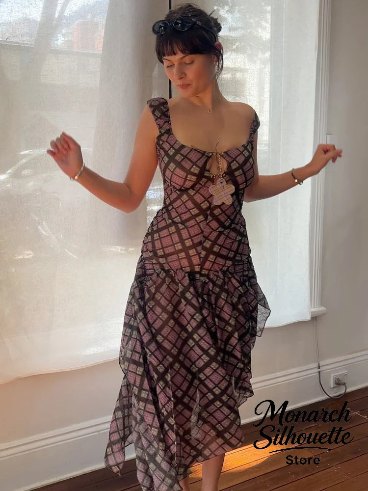 Plaid Off Shoulder Long Dress Women Chic Tie Front Cutout Ruched Asymmetric Hem Sundress 2026 Summer Lady Casual Daily Vestidos