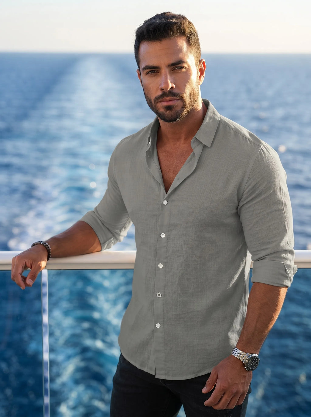 Mens Solid Cotton Long Sleeve Shirt Classic Collar Black Contrast Buttons Rollable Cuff Design Thin Summer Urban Daily Casual Slim Fit Shirt