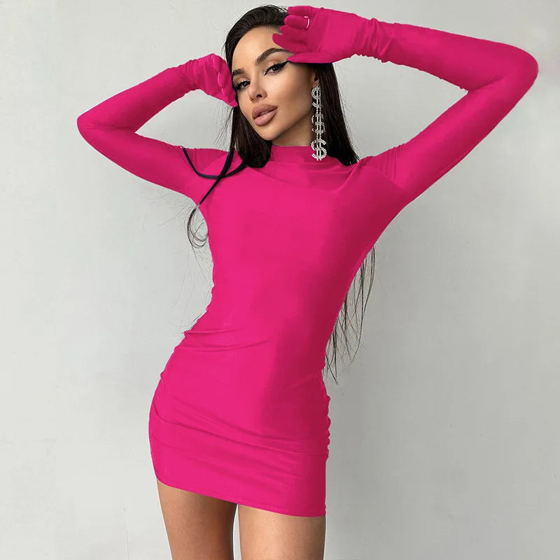 Solid Long Sleeve Mini Dress with Gloves Sexy Streetwear Party Outfit Half Turtleneck Bodycon Y2K Style Wholesale