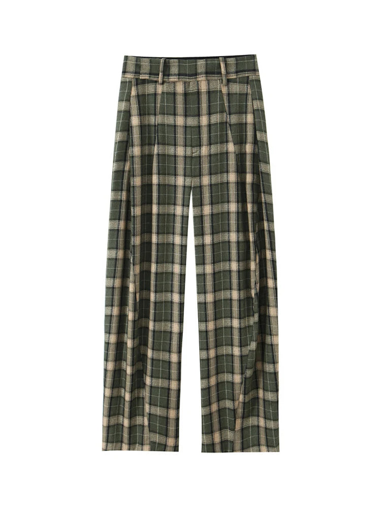 Chic Green Plaid Print Loose Pants Women Casual High Waist Straight Wide Leg Trousers Party Daily Classic Attire 2026 Spring