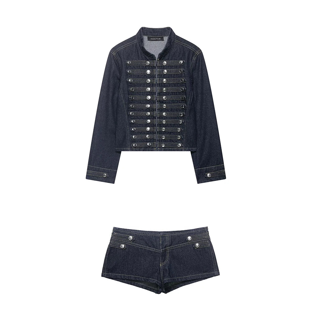 European and American style 2026 summer new women's clothing design sense close fitting denim jacket low waist shorts set