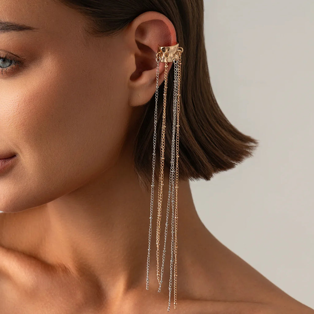 Unique Long Tassel No Piercing Ear Clip Earrings for Women New Gothic Silver Color C-shaped Ear Cuff Fashion Jewelry Gift