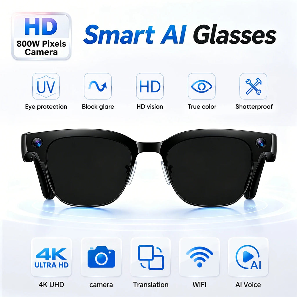 2026 New 8MP 4K HD Smart Glasses Video Photo AI Translation Bluetooth Call Music playback Waterproof Business Sports Sunglasses