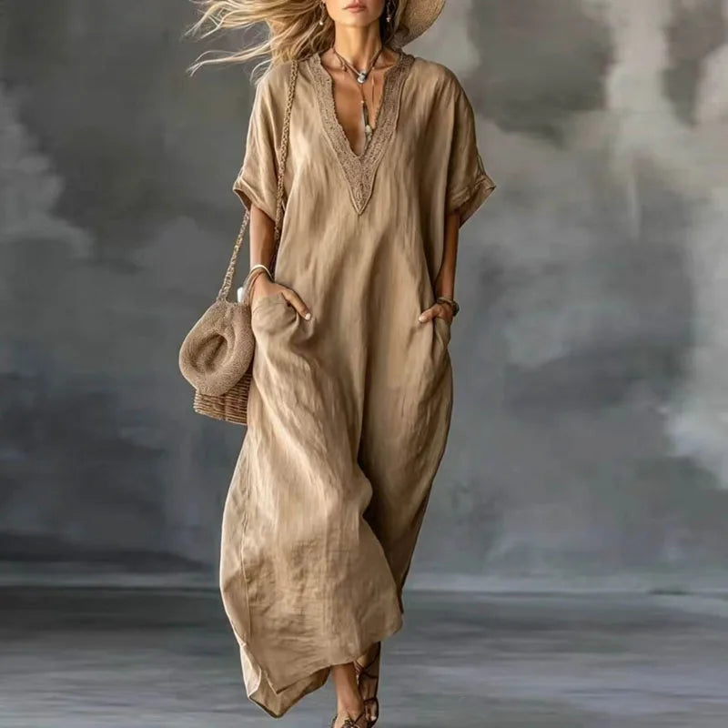 Women's Summer Boho Maxi Dress Spring V-Neck Lace Trim Short Sleeve Kaftan Dress Casual Loose Pocket Vacation Long Dress Vestido