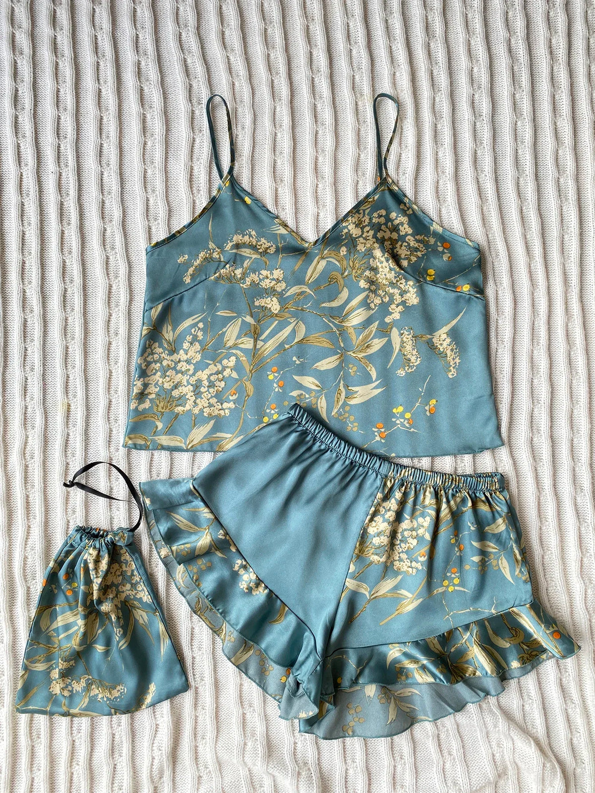 Summer Elegant  Print Cami Tops Ruffle Hem Shorts Pajama Set  Women's Sleepwear V Neck Strap Loungewear