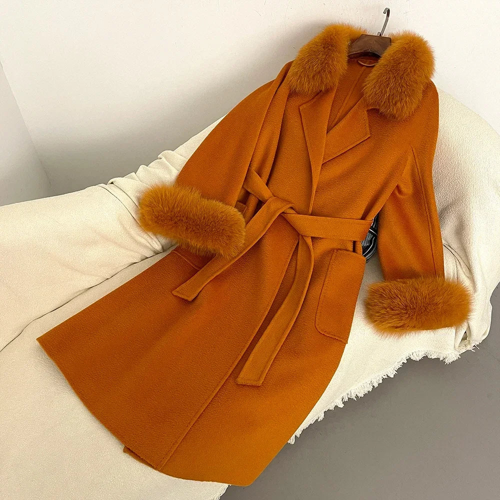 Fox Fur Coat for Women Wool Woolen Natural Real Fox Fur Collar Winter Jacket Ladies Belt Warm Outerwear Streetwear 2024